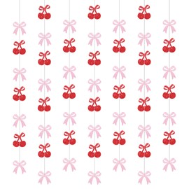 8pcs Cherry Bows Hanging Decorations, Red Glitter She's The Cherry on Top Hanging Banner, Sweet Berry Flash Decor for Birthday/Baby Shower Party Decoration