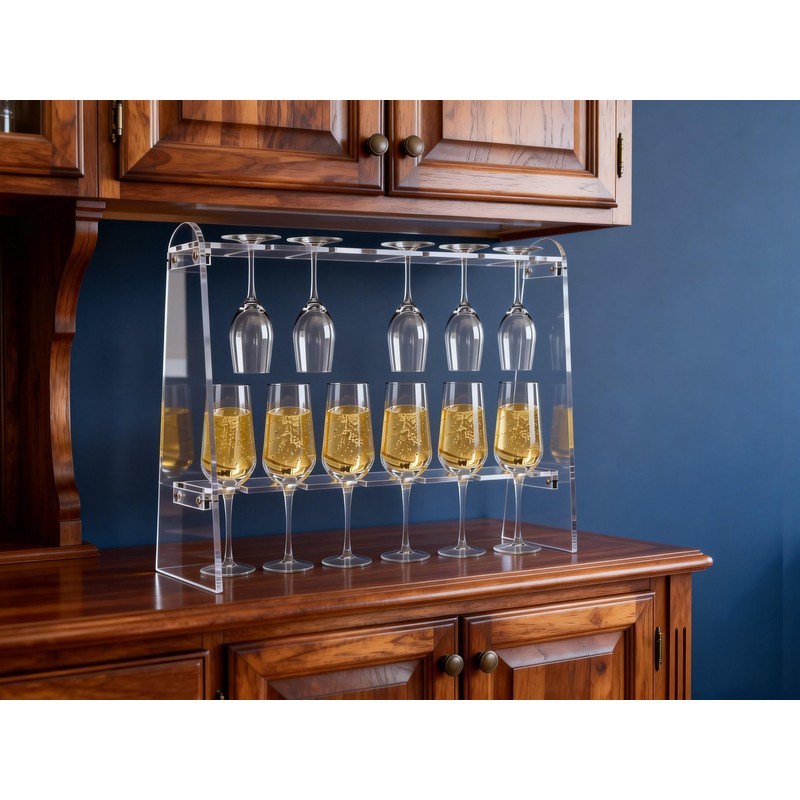 SOVQUEST Acrylic Stemware Rack, 2 Tier 12 Slot Trapezoid Champagne
