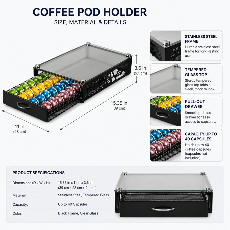 Coffee Pod Holder Drawer with Glass Top – Sleek Black