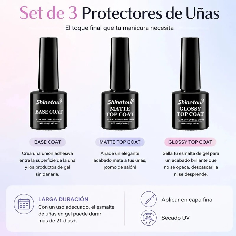 21Pcs Kit Esmaltes Uña Gel SemipermanenteBase CoatGlossy Top CoatMatte Top