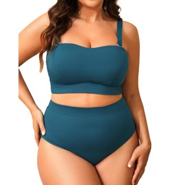 Tempt Me Women Plus Size High Waisted Bikini Bandeau Two Piece Swimsuit Blue Green 14 Plus