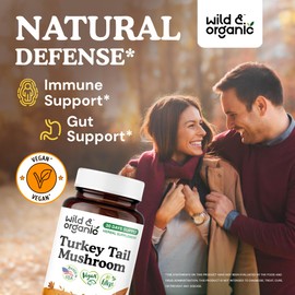 Wild & Organic Turkey Tail Mushroom Capsules 1000 mg - Immune Support - Turkey Tail Mushroom Powder Supplement - Coriolus Versicolor Mycelium Extract - Vegan, No Fillers, Non-GMO - 60 Count