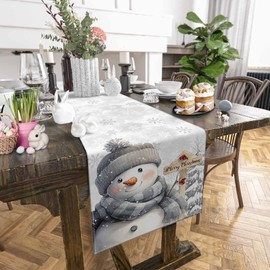 Winter Grey Hat Snowman Table Runner Dresser Scarves Christmas Snow Merry Christmas Kitchen Art Dining 90 inches Long Table Runners Washable Non-Slip Rectangle Table Setting Party Holiday Decoration