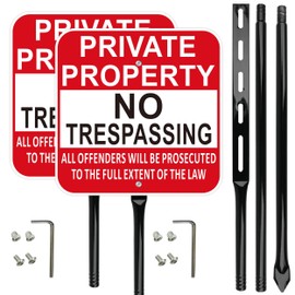 Private Property No Trespassing Sign with 54 Inch Black Metal Stakes, Violators Will Be Prosecuted, Red 12x12 Inch Aluminum, Weather Resistant, 2 Pack