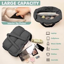 CarryWise Puffer Tote Bag for Women, Large Quilted Puffy Handbag Lightweight Satchel Purse for Work Travel Gym Shop (Black)