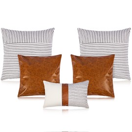 Tradder Farmhouse Decorative Pillow Covers Set of 5 20x20 18x18 12x20 Inch Modern Boho Faux Leather and Linen Stripe Pillowcase for Home Couch Living Room Decor(Rustic Style)