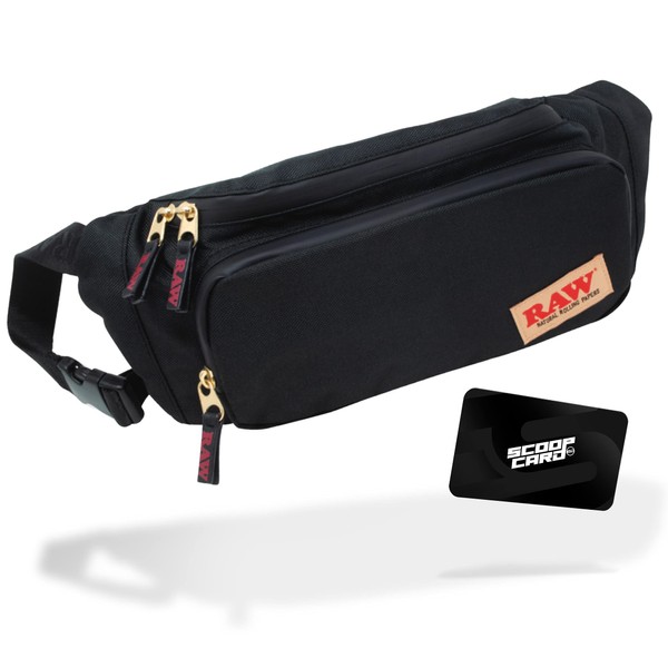 RAW X Rolling Papers Belt Sling Bag - Comes in Color Black with Removable Foil Pouch and Multiple Compartments Plus a Hidden Stash Area Discreetly Tucked Away - Sized at 5.5'' x 14.5'' x 6.5''