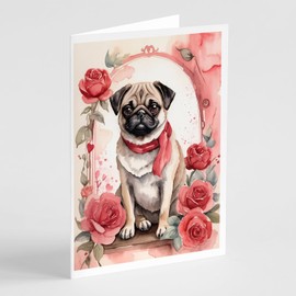 Caroline's Treasures DAC4533GCA7P Pug Valentine Roses Greeting Cards Pack of 8 Blank Cards with Envelopes Whimsical A7 Size 5x7 Blank Note Cards