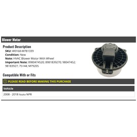 Blower Motor - Compatible with 2008-2018 Isuzu NPR