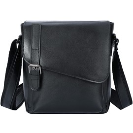 Masa Kawa Men's Black Leather Messenger Bag Retro Small Crossbody Shoulder Bag for Men Women Flap Over Man Purse Fits 10 Inch Tablet