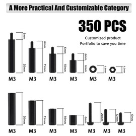 350Pcs M3 Male Female Nylon Hex Spacer Standoff Screws Nuts Assorted Assortment Kit Threaded Pillar for PCB Circuit Board Motherboard Standoffs Black