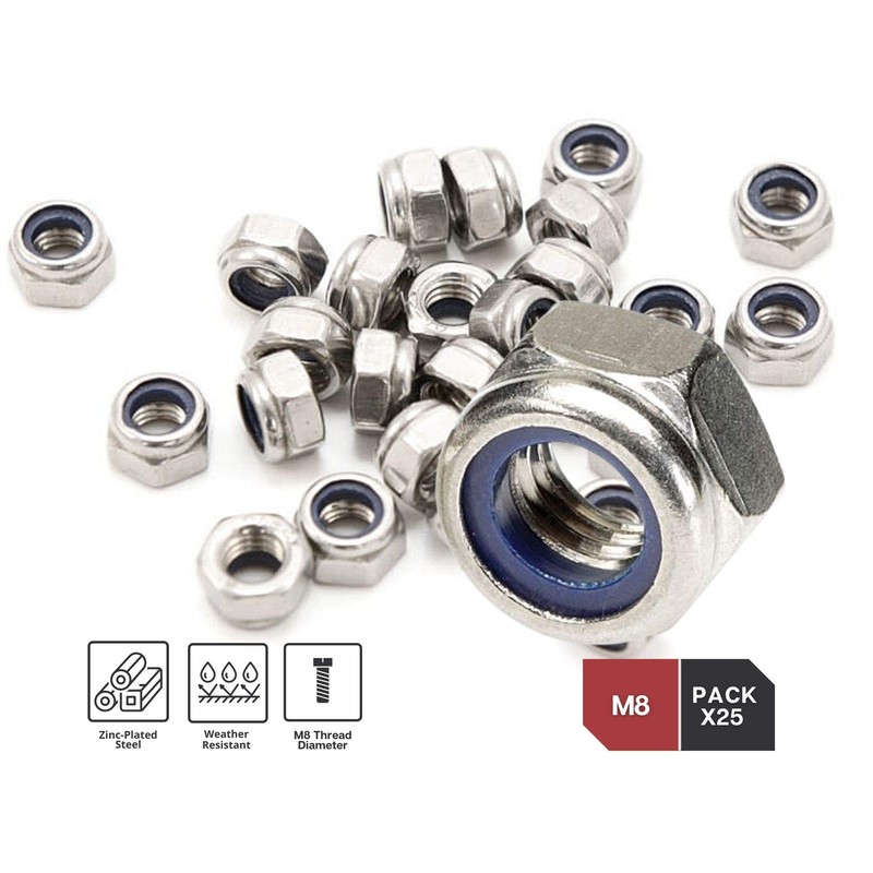 DOJA INDUSTRIAL Self-Locking Nuts M8 Pack of 25 Galvanised Steel