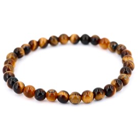 Taddart Minerals Yellow Brown Natural Gemstone Tiger's Eye Bracelet with 6mm Balls on Elastic Nylon Thread - Handmade, Rubber, Tiger's Eye