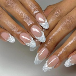 SINHOT Press on Nails Medium Almond Fake Nails Glossy Glue on Nails 3D White Chrome Acrylic Nails Stiletto Artificial Nails French Tip Stick on False Nails with Design 24 pcs