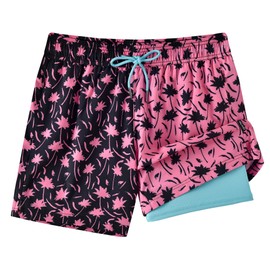 CKIVTNO Mens 5.5 inch Palm Trees Printed Hawaiian Short Swim Trunks Compression Liner Quick Dry Summer Swimwear Bathing Suits Boardshorts Beach Wear