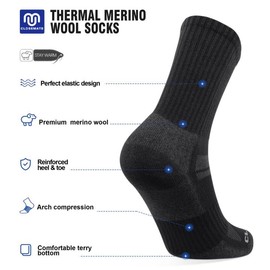 Closemate Merino Wool Socks for Men Moisture Wicking Cushioned Hiking Socks Thermal Winter Warm Crew Socks 3 Pack(1Black1DarkGrey1LightGrey, Size M)