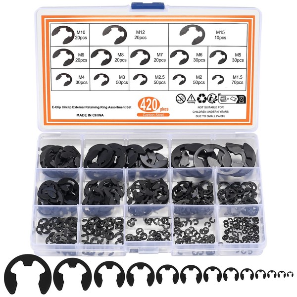 420 Pcs E-Clips, Circlips, External Retaining Ring E-Clips, Snap Opening
