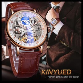 FAMVNTN Men Skeleton Watches Automatic Mechanical Wrist Watches Moon Phrase tourbillon Luminous self-Wind Watch Brown