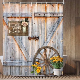 Jipusai Rustic Barn Door Shower Curtain for Bathroom, Western Farmhouse Yellow Daisy Floral Bath Curtain Sets,Fabric Countryside Wooden Cabin Decor Curtains with Hooks 70X70IN