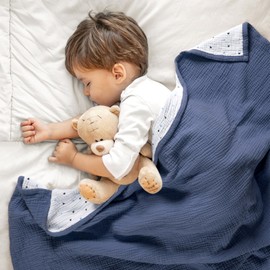 Lulu moon Muslin Baby Blanket - Cotton Quilt Blankets for Toddlers - Reversible Nursery Crib Blanket for Baby Boys and Girls 47"x47"(Blue)