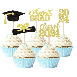 Clase de 2021 Glitter Graduación Cupcake Topper, 48 piezas de alimentos / aperitivos para fiesta de graduación