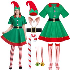 Forfamy Christmas Elf Costume Set Adult Men Women Kids, Santa's Helper Costume Xmas Festive Outfit with Elf Hat Ears Belt Inflatable Crutches, Fancy Dress Costume Accessories Party Cosplay (L, Woman)