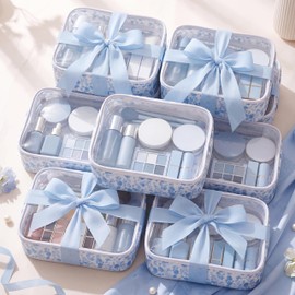 Kacctyen 9 Pcs Blue Floral Makeup Bag Party Favors Gifts Bridesmaid Makeup Bags Flower Cosmetic Bag Waterproof Travel Organizer Clear Toiletry Pouches for Bridal Shower Baby Shower Bridesmaid Proposal