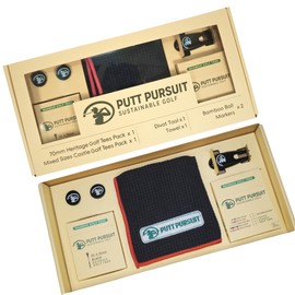Putt Pursuit Golf Gift Set - 25 Black Bamboo Tees (70mm) - Mixed Size Bamboo Castle Tees 5 of 25, 32, 38, 60, 70mm - Bamboo Divot Tool - Golf Towel & 2 Bamboo Ball Markers - Premium Golf Accessories