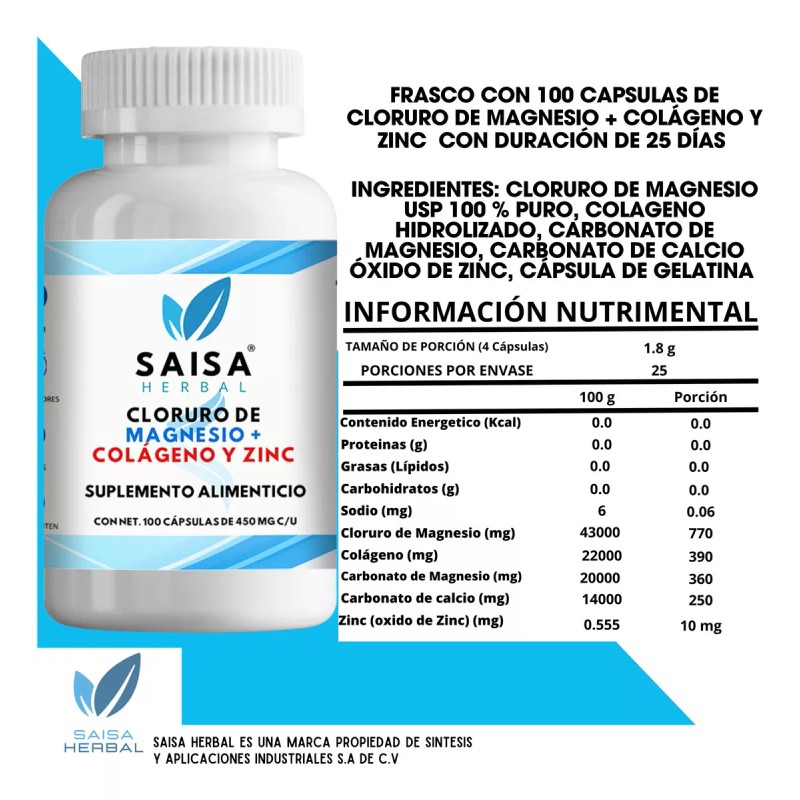 Saisa Herbal Cloruro De Magnesio + Colágeno 100 Cápsulas. Sabor