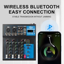 ZRAMO F4 Professional Audio Mixer for keyboard guitar mics with Bluetooth, 4 Channel Mixing Console with USB Clean Audio Interface, Stereo Equalizer, Ideal for Rehearsals,Church and Karaoke live show