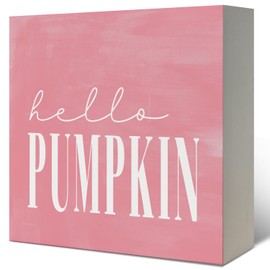 Lacama Pink Fall Decor，Fall Room Decor，Hello Pumpkin Sign Wood Box Sign Table for Home Bathroom Kitchen Office Bedroom Decors, Thanksgiving Harvest Decorations, Farmhouse Desk Block Signs 5x5 In