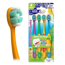 GuruNanda Butter On Gums - Cepillo dental para niños, paquete de 4, multicolor y divertido, mango extra suave