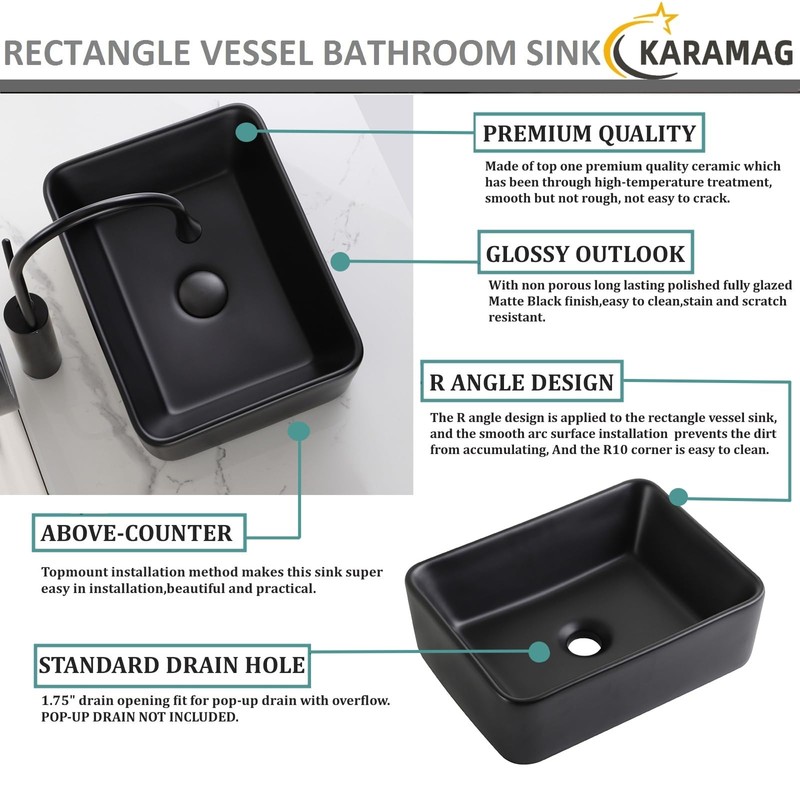 KARAMAG Black Vessel Sink Rectangle 16"x12" Bathroom Sink Rectangular Modern