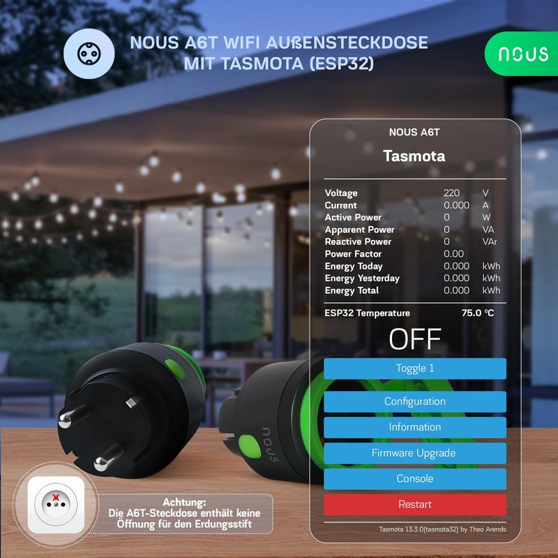 NOUS Tasmota Smart Outdoor Socket ESP32, IP44 Waterproof Socket, 16A