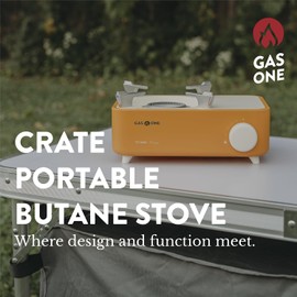 Gas One Butane Fuel Camp Stove – Crate Series - Mini Stove for Camping, Hiking – Portable Gas Stove with Spiral Flame – Even Heat Distribution – Modern and Easy to Use (Orange)