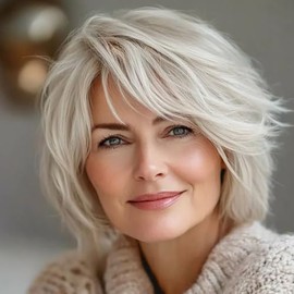 Dsimeig Women Short Layered Bob Wig with Bangs Synthetic Halloween Cosplay Hair Wig,Cream White