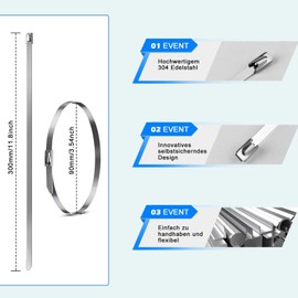 Stainless Steel Cable Ties, Cable Ties, UV Resistant, Pack of 100 Self-Locking Zip Ties, Wire Mesh Fence Ties, 11.8 Inches, Cable Ties Metal Rustproof for Cable Management, Gardening, Living