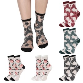 Benefeet Sox 5 Pairs Sheer Socks Thin Mesh Lace Sock for Women Transparent See Through Ankle Colorful Nylon Floral Patterned Jacquard Crystal Glass Flower Retro Fashion Crew Socks