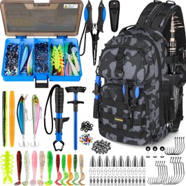 PLUSINNO Fishing Backpack with Tackle Boxes, Waterproof Sling Tackle Bag For Fishing Gear With Rod Holder, Gifts for Men With Fishlures, pliers, Fish Lip Gripper.