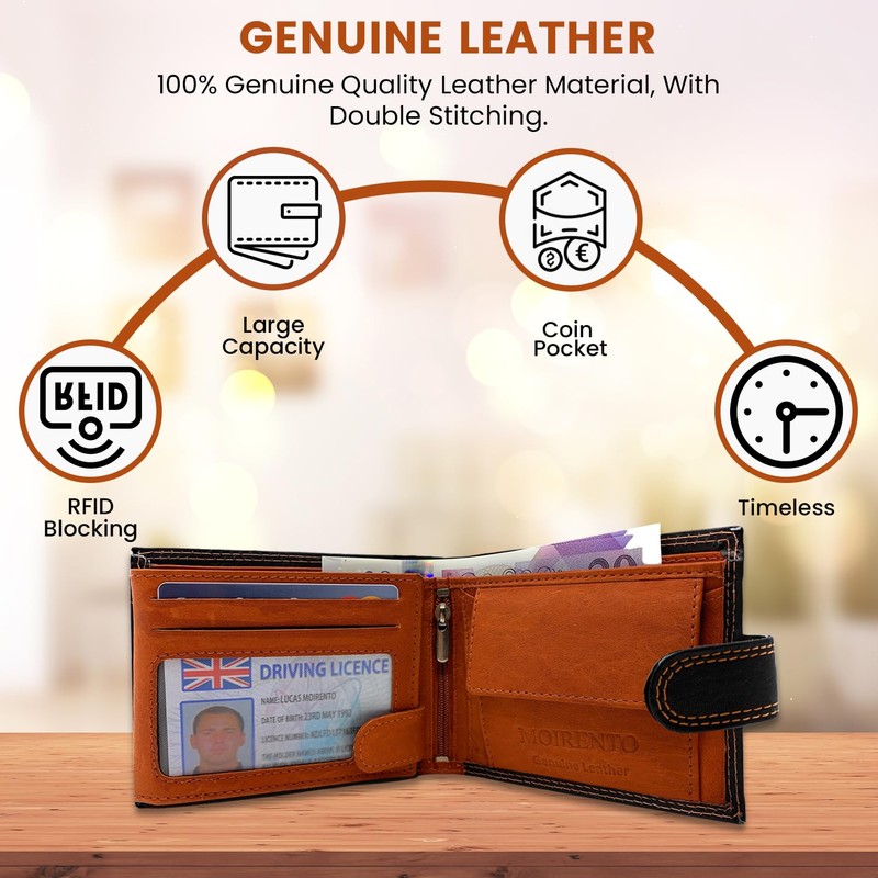 MOIRENTO Mens Black Wallet Orange Leather Trifold RFID Blocking Credit