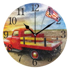 Wall Clock Red Vintage Pick Up Truck with American Flag Decorative Hanging Clock Silent Non Ticking Round Clock for Living Room Kitchen Bedroom