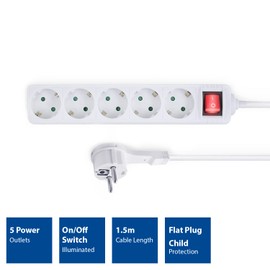 ACT Steckdosenleiste Flachstecker 5-Fach, Power Strip 1.5m, Mehrfachsteckdose mit Kindersicherung, Steckerleiste mit Schalter, Steckdosen im 45 Grad Winkel – AC2455