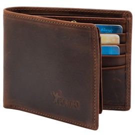 POKOFO RFID Blocking Genuine Leather Bifold Wallet for Men with Zipper and 2 ID Windows (Dark Brown Crazy Horse Leather)