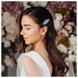 Dervivea Bohemia Rhinestone Hair Clips Barrette Crystal Leaf Hairclip Hairpin Silver Leaf Side Clips Barrette Shining Leave Head Clip Hairpin Bridal CZ Head Clip Hair Accessories for Women (Silver)