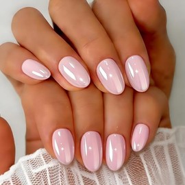SXVME Uñas postizas cortas ovaladas de color rosa claro cromado, 32 piezas de uñas postizas gruesas y bonitas con acabado brillante y diseño de espejo