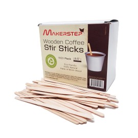 Makerstep 1000 Wooden Coffee Stirrers 5.5 Inch with Storage Box, Sturdy Natural Birch Wood Coffee Stir Sticks. Eco-friendly, Splinter Free, Round Ends. BPA Free Swizzle Drinks Sticks