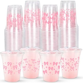 FYSUIMU 100Pcs Pink Bow Disposable Plastic Cups 12Oz Lovely Ribbon Bow Cold Beverage Drinking Cup for Wedding Birthday Bridal Shower Bachelorette Party Supplies