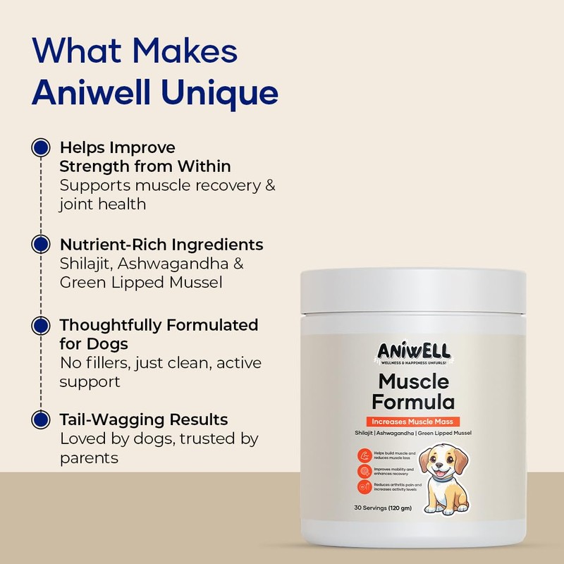 Aniwell Muscle & Vitality Formula for Dogs with Ashwagandha, Shilajit,