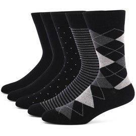 Men's Dress Socks 10-13, 5Pairs,Argyle Striped Black Blue Cotton Crew Socks For Men Plus Size (CA/US, Numeric, 9, 14, Regular, Regular, JC170-1)