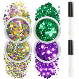 Allstarry Mardi Gras Face Glitter, 4 Colors Chunky Body Glitters Purple Green Gold Face Glitter Eyeshadow Makeup Hair and Eye Glitter Mardi Gras Accessories for Women Mask Balls Street Parties
